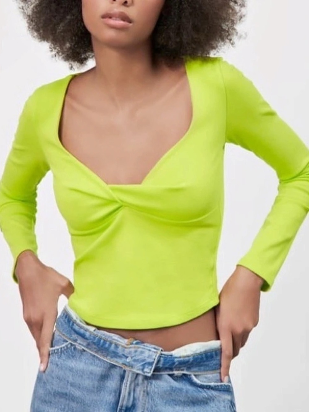 Neon Lime Twist-Front Long Sleeve Top
